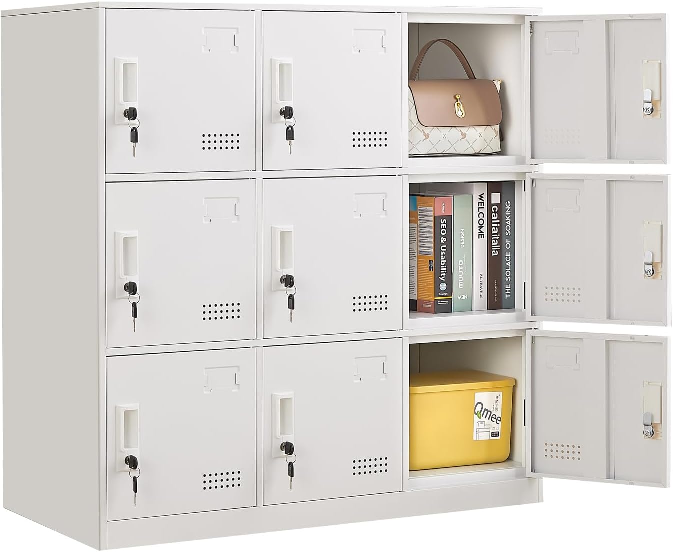 Student Locker Organizer, Multi-Door Steel Locker, Small Locking Cabinet Storage Organizer, Office File Cabinet, Home Locker, Gym Locker, Metal Storage Locker - Gray and White (9 Door, White)