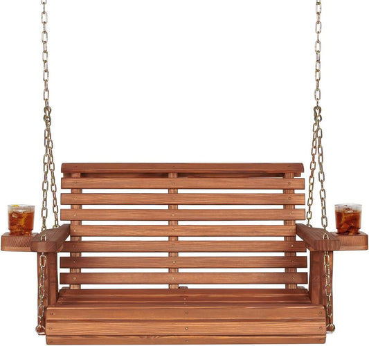 Amish Casual 3 Foot Roll Back Porch Swing with Cup Holders in Cedar Stain - Amish Made in The USA from Treated Pine Heavy Duty 700 Lb. Weight Capacity
