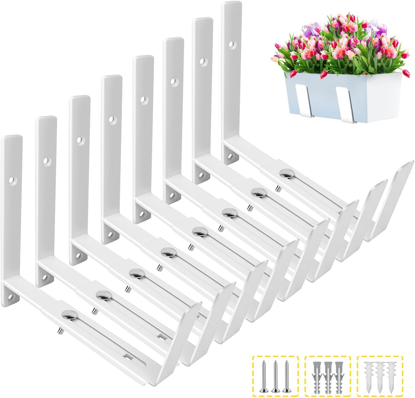 LukLoy Window Planter Box Brackets, 8 Pack Adjustable Heavy Duty Wall Mount Window Flower Boxes Outdoor with Bracket (6 to 12 in), with 70lbs Capacity, White
