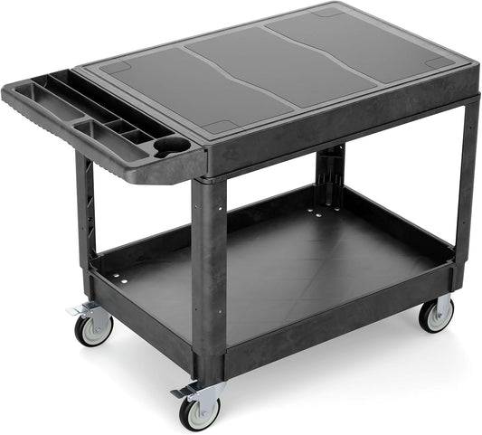 Flat Top Utility Cart Heavy Duty Flat 2 Shelf Multipurpose Cart 550LBS Capacity Service Cart with Ergonomic Handle Rolling Utility Carts with Wheels for Warehouse Garage Office Storage Transport