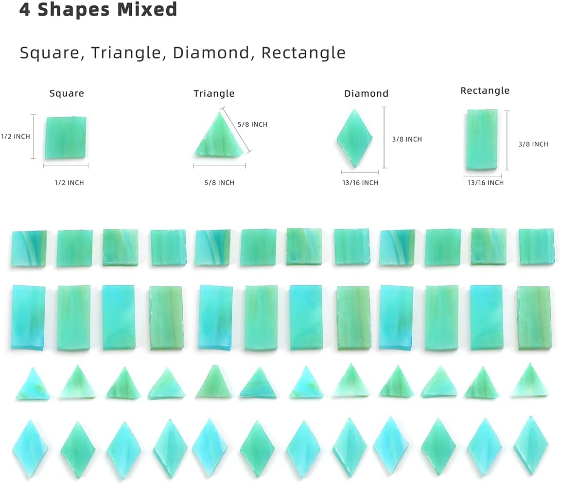 Lanyani 200 Pieces Glass Mosaic Tiles for Crafts,4 Shapes Mixed Colorful Tiffany Stained Glass Pieces,Square/Rectangle/Diamond/Triangle,Ocean Green