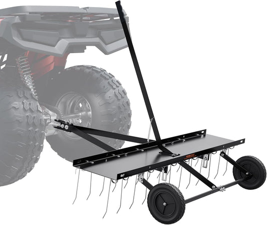 VEVOR Tow Behind Dethatcher, 48-inch Tow Dethatcher with 24 Spring Steel Tines, Lawn Dethatcher Rake for ATV or Mower, Tow Behind Lawn Rake with Lift Handle for Garden Farm Grass