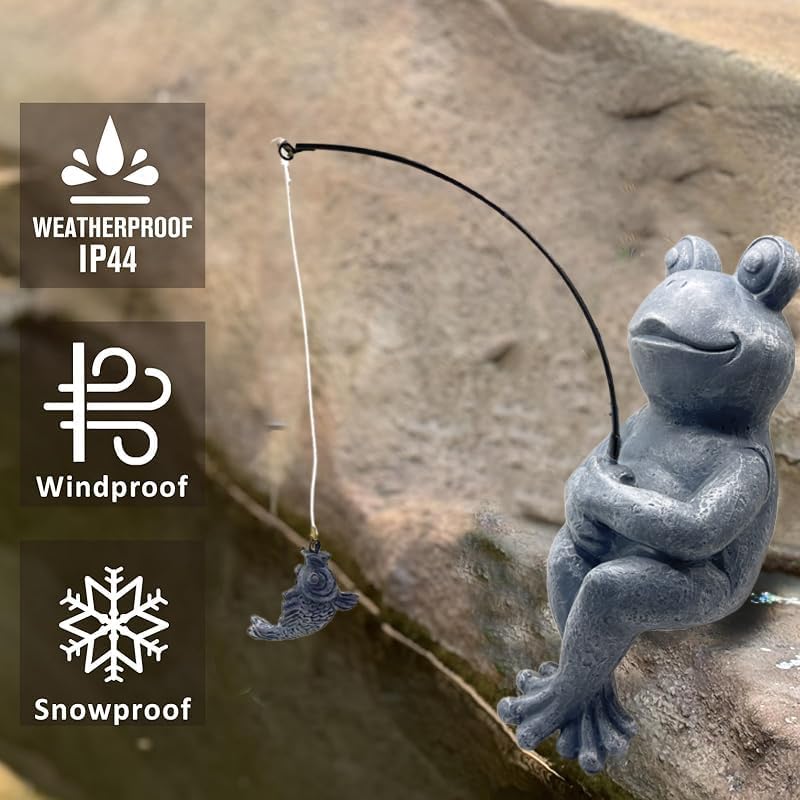 Frog Fishing Statue Garden Decor – 9.8" Weatherproof Resin Frog Fishing Sculpture Decor for Fish Ponds, Koi Ponds, Waterfalls, Poolside & Outdoor Gardens– Resin Figurine for Indoor & Outdoor Décor