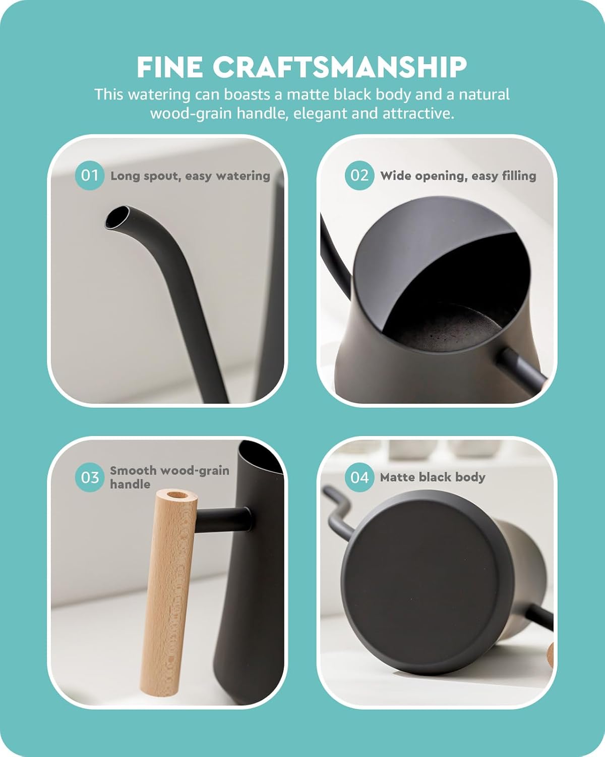 Baffect Indoor Watering Can, 1L/34OZ Metal Houseplant Watering Can with Wooden Handle, Curved Design Watering Can with Long Spout for Small Potted Plants (Black)