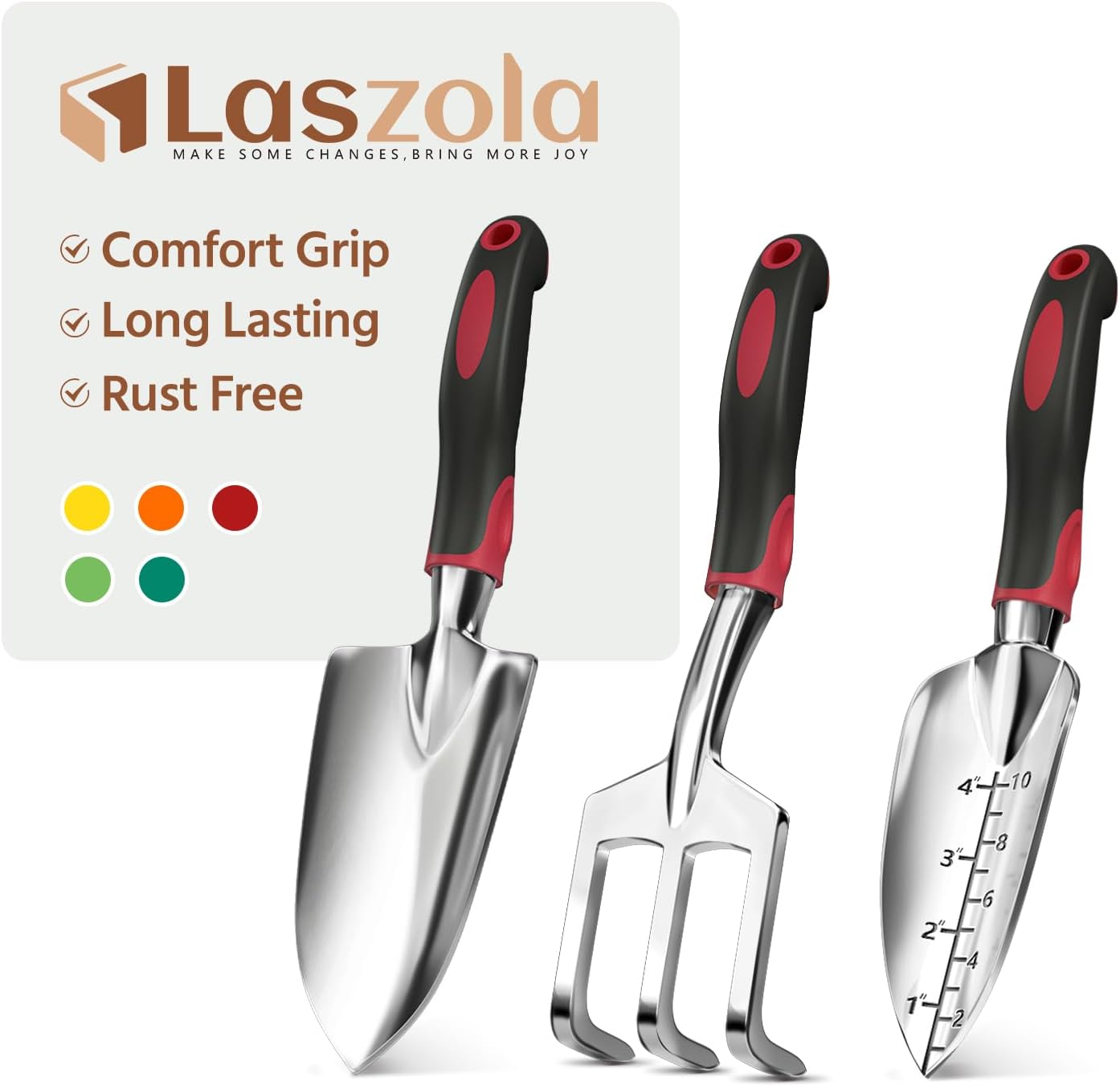 LASZOLA 3 Piece Garden Tool Set Include Hand Trowel Rake and Transplant Shovel for Women, Indoor Heavy Duty Small Spade Kit with Ergonomic Handle to Weed and Loosen, for Mom and Plant Beginner, Red