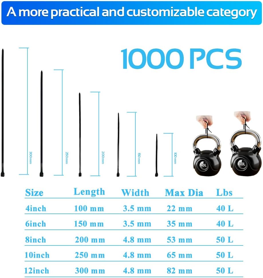 1000pcs 6Inch Black Cable Tie,Nylon Zip Ties,Industrial Grade, 40 Pounds Tensile Strength, UV Resistant,Heavy Duty,for Home,Garden Trellis,Office,Garage and Workshop