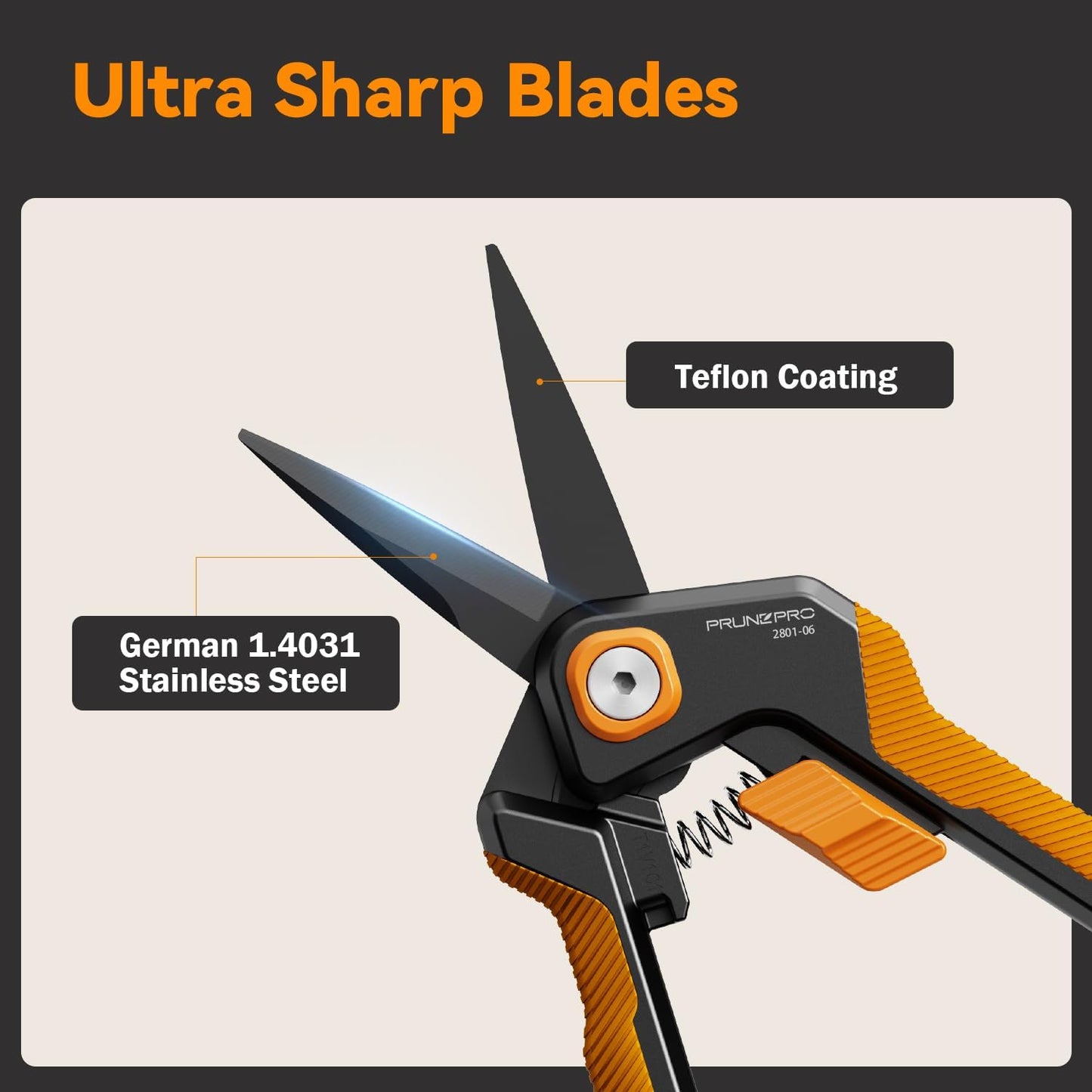 PrunePro Garden Scissors Pruning Shears Sharp Stainless Steel Non-Stick Teflon Coating Blade for Precise Cuts Garden Snip Bonsai Clippers for Plants Rose Flower Orange 1 Pack