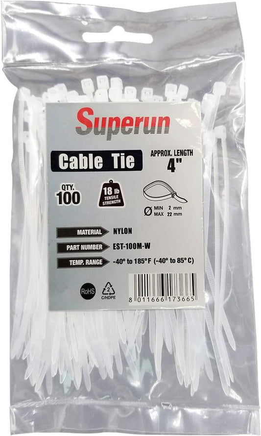 Superun Clear Zip Ties 4 Inch, 18 Lbs Tensile Strength Mini Wire Ties (Industrial Grade Cable Ties) Pack of 100 White