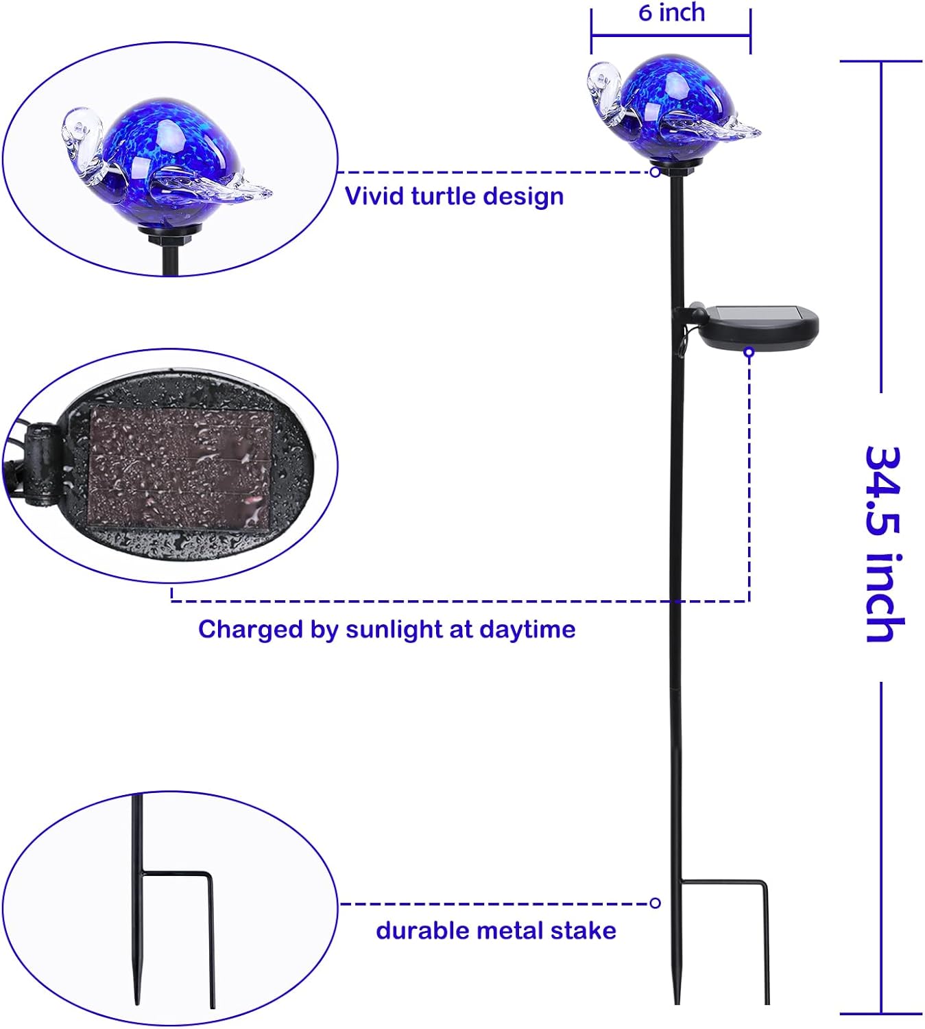 Afirst Decorative Solar Lights Outdoor Solar Turtle Stake Lights Hand Blown Glass Decorative Garden Pathway Light Outdoor Waterproof Glass Stakes Blue
