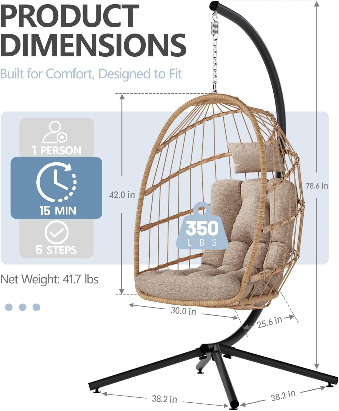 SWITTE Egg Chair Outdoor with Stand, Indoor Wicker Hanging Egg Swing Chair with Cushion, 350lbs Capacity for Patio, Bedroom, Garden - Cream