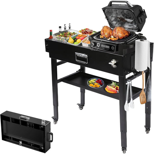 Grill Table for Ninja Woodfire OG700, Foldable Grill Cart for Blackstone, Weber, Ooni Pizza Oven, Upgraded Portable Outdoor Grill Stand, Adjustable Height, with Caddy, Paper Towel Holder, 4 Wheels