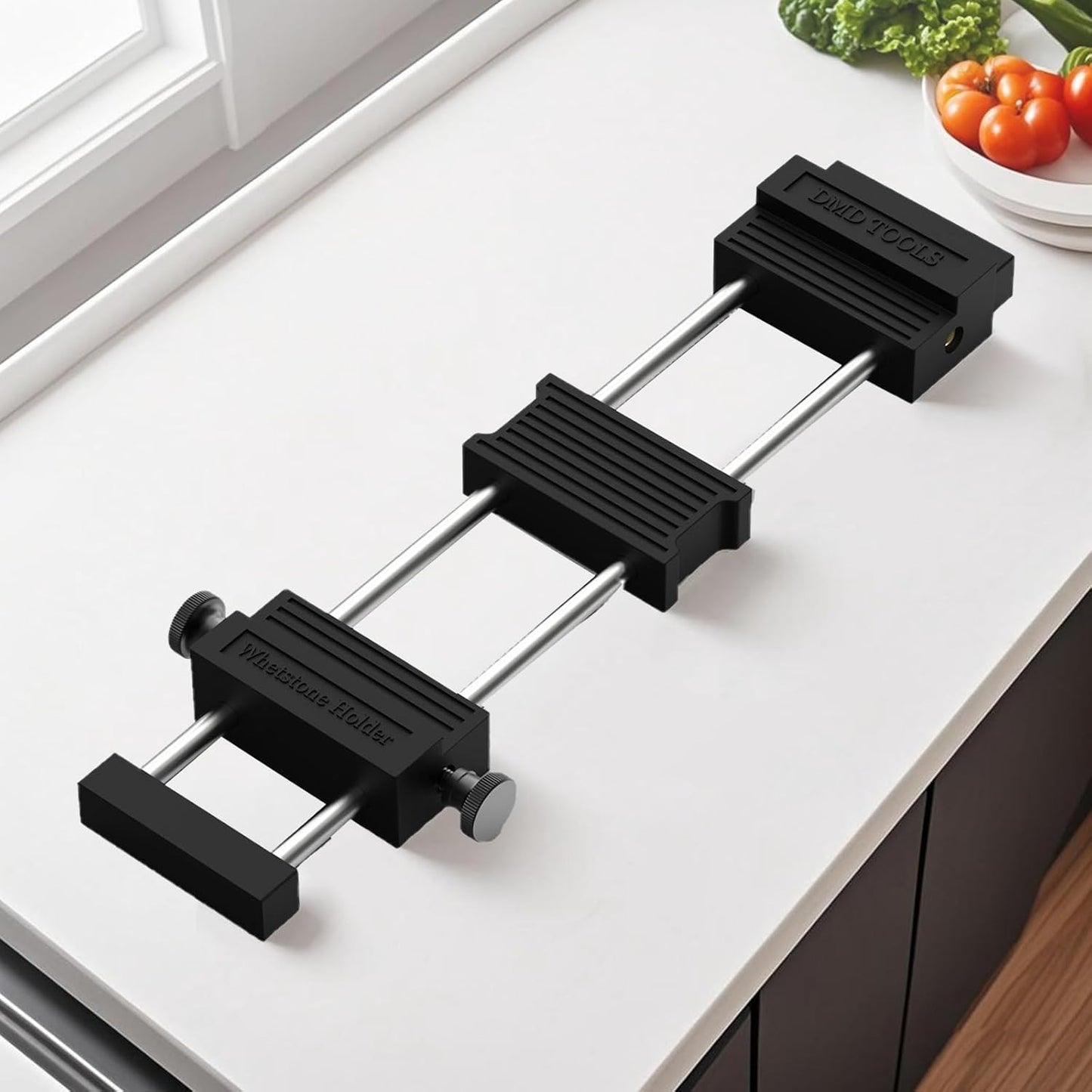 DMD Whetstone Holder with Quick-Adjust Knob | Heavy-Duty Stainless Steel & Non-Slip Rubber Base | Universal Sharpening Stone Clamp for Knives & Tools
