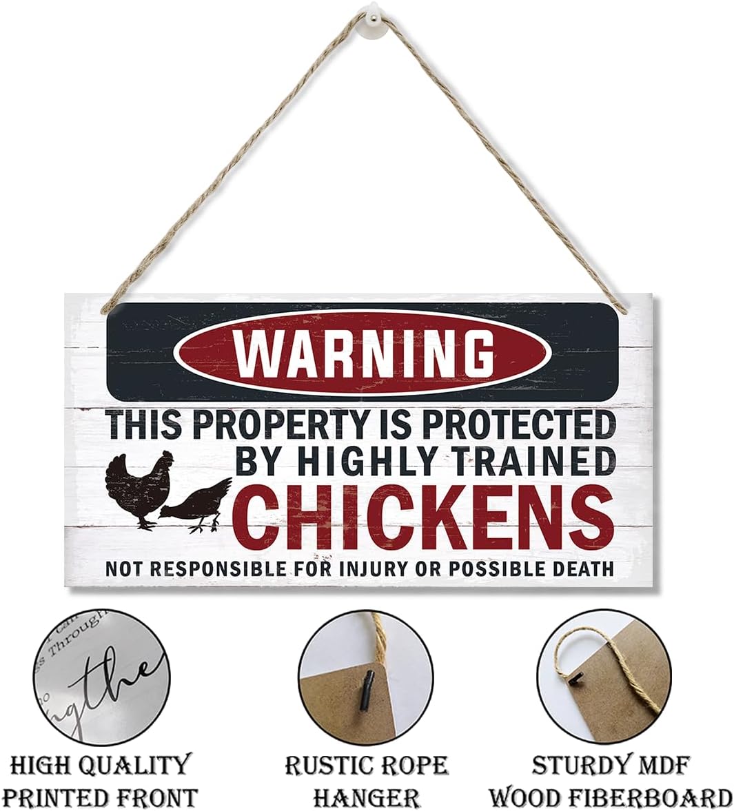 Funny Warning Signs, The Property is Protected By Highly Trained Chicken Sign, Decorative Wood Hanging Wood Plaque, Farmhouse Home Garden Yard Decor, Door Gate Hanger, Chicken Farm Decor