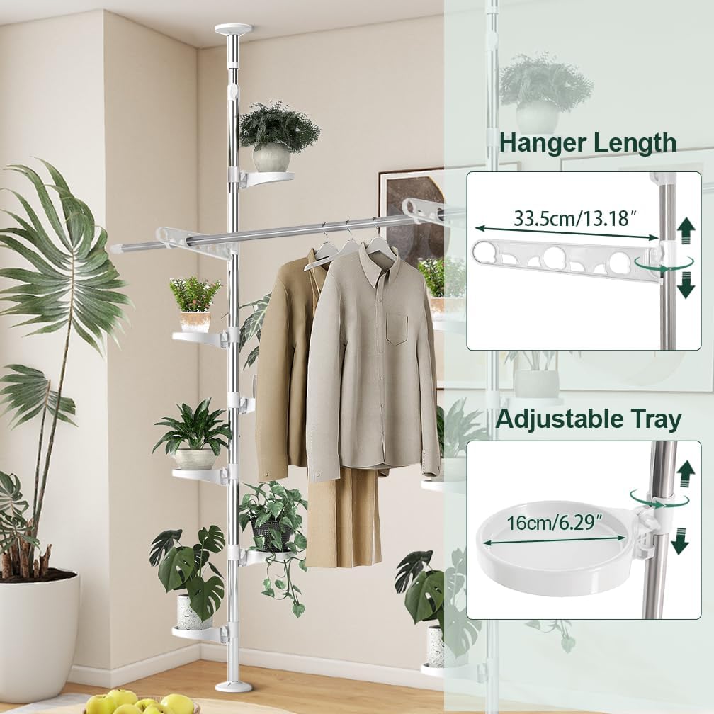 Hershii Adjustable Indoor Plant Stands Double Tension Pole Stainless Steel Flower Display Racks Holder Corner Storage Shelves with 12 Trays, 2 Hooks & 1 Telescopic Clothes Drying Hanging Rod - Ivory