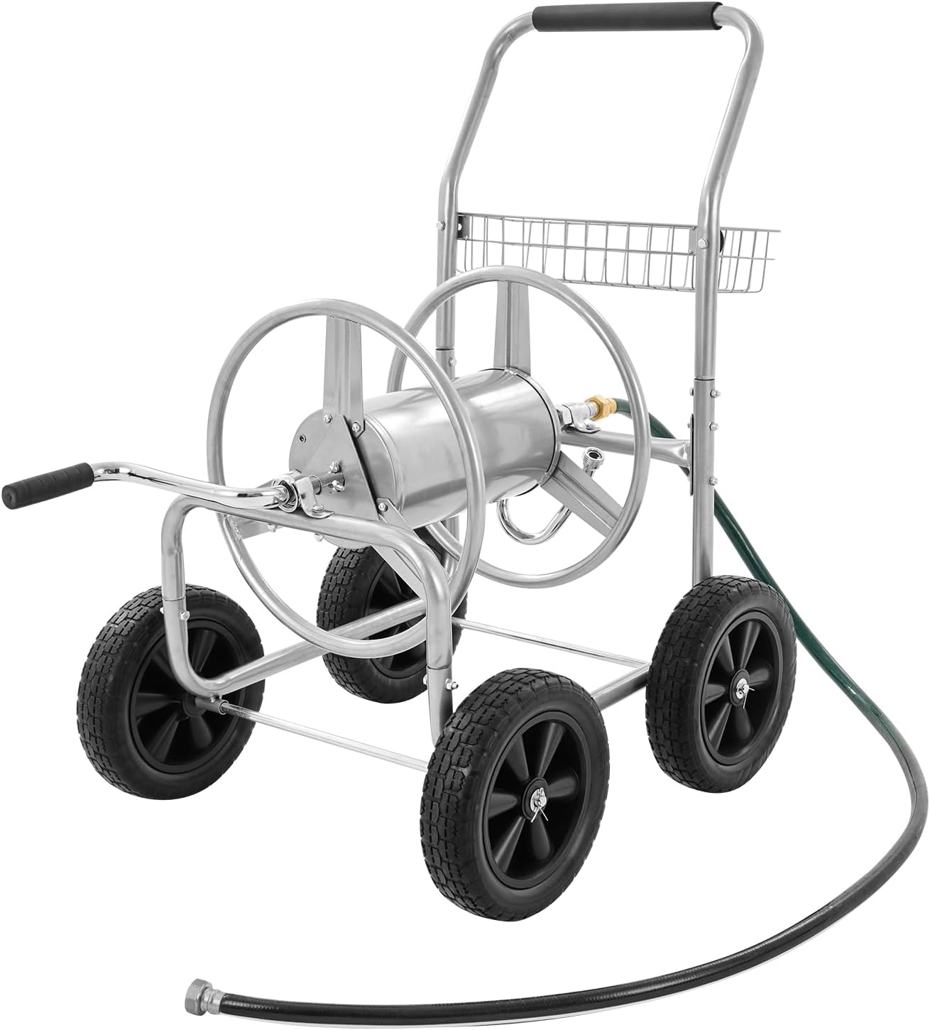 VEVOR Hose Reel Cart, Hold Up to 250 ft of 5/8’’ Hose, Garden Water Hose Carts Mobile Tools with 4 Wheels, Heavy Duty Powder-coated Steel Outdoor Planting with Storage Basket, for Garden, Yard, Lawn