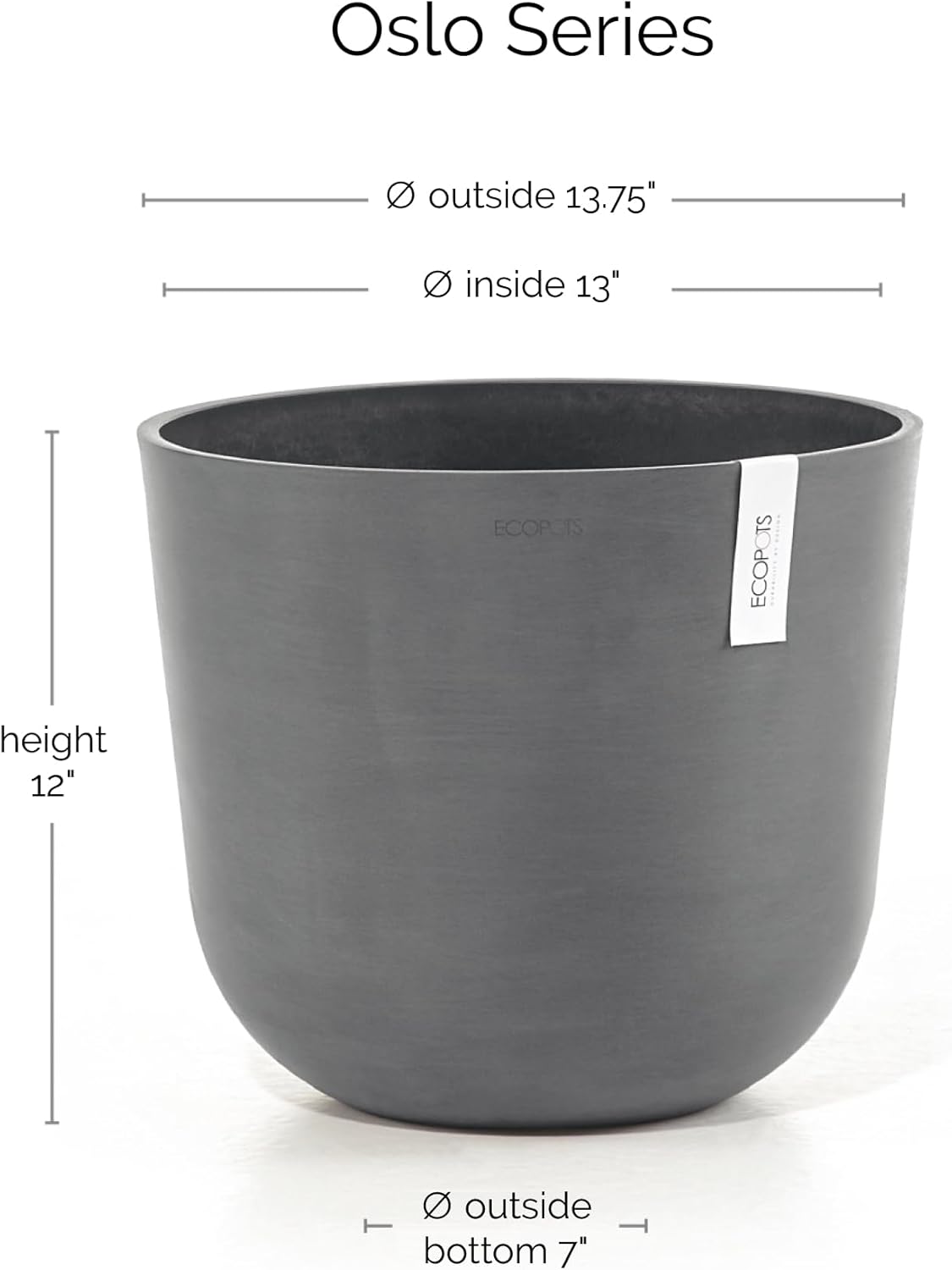Ecopots Oslo Durable Modern Round Indoor/Outdoor Recycled-Based Composite Flower Pot Planter, Grey, 14"
