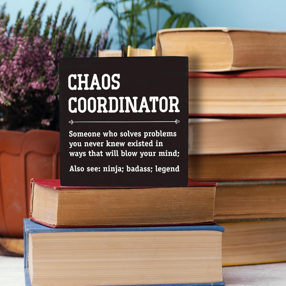 HTBIG Chaos Coordinator Thank You Gifts Office Decor Funny Motivational Desk Decor Gifts for Coworkers Boss Manager Appreciation Rustic Wooden Box Sign for Table top Office Bookshelf Black