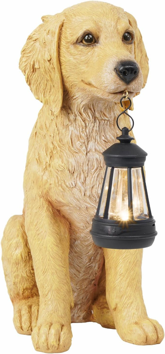 Cynkeyee Garden Decor Dog Statues Outdoor - Golden Retriever Puppy Statue with Solar, Outdoor Figurine Lights for Garden Patio Yard Accent Solar Decorations for Outside 13.5x7.5x15.5 Inch