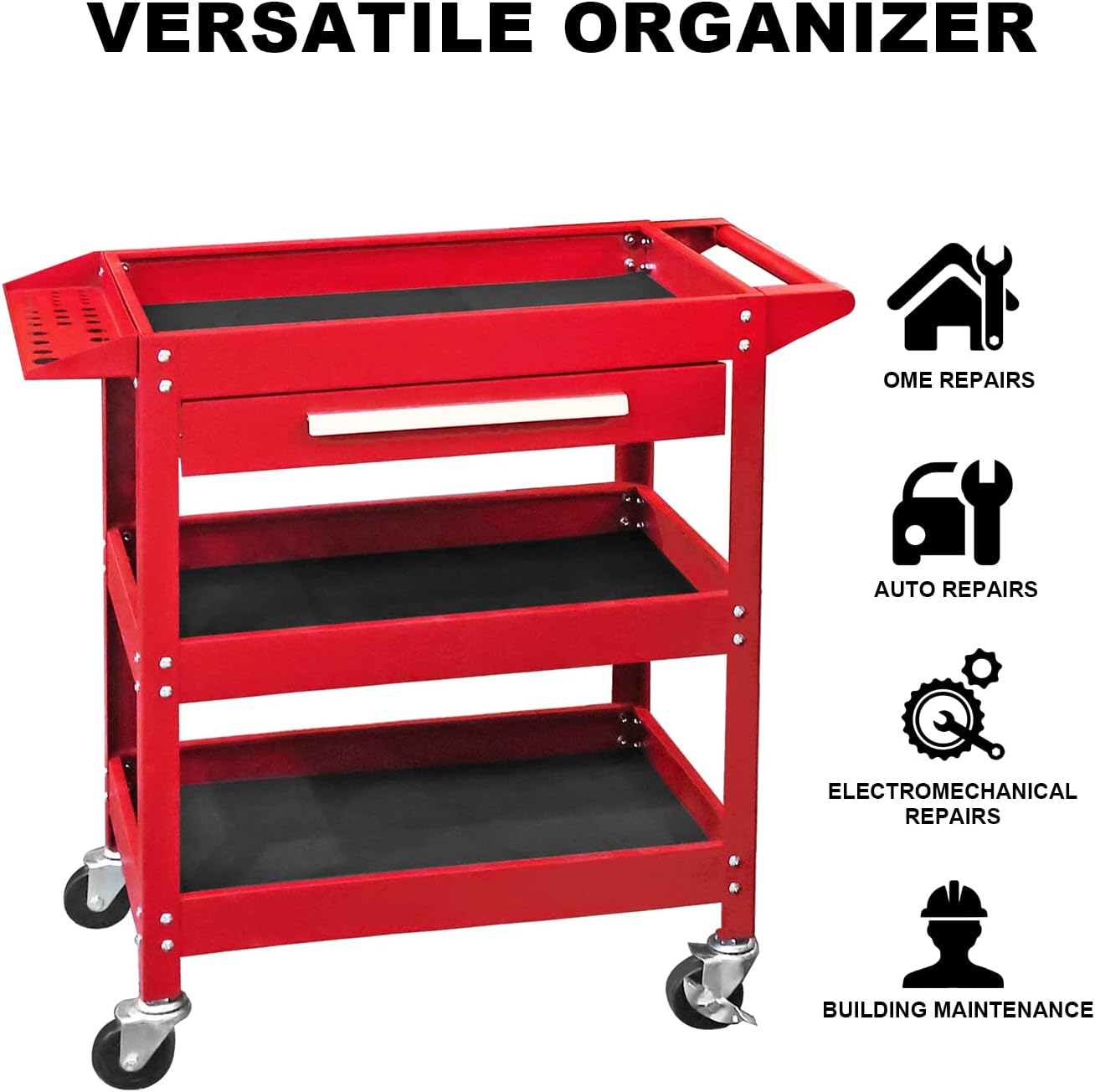 GSTANDARD APTB311R Torin Rolling Tool Cart with Drawer: 3 Layer Tool Oragnizer with Foam Pad and Heavy Duty Utility Cart with Four Swivel Casters, Red