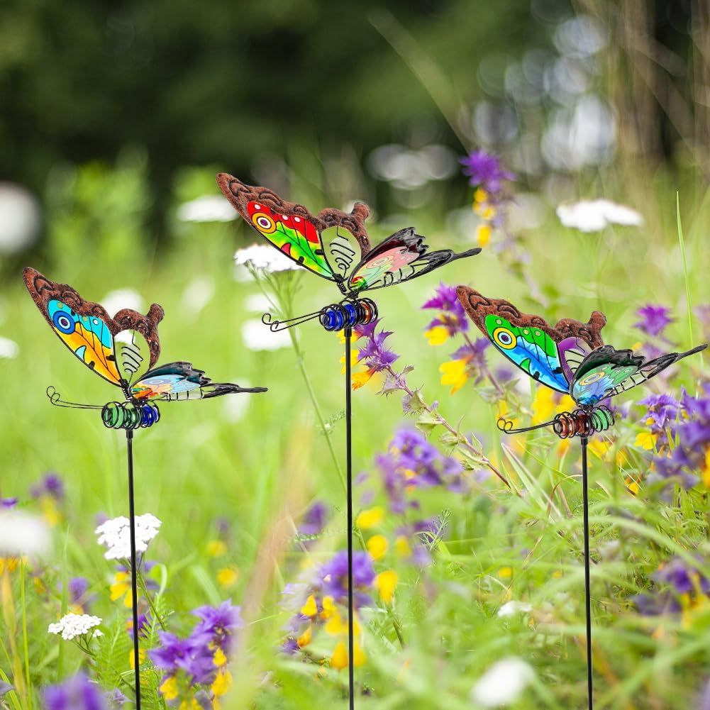 Butterfly Garden Decor for Outside,3 Pack Garden Stakes Decorative Stained Glass Butterfly Decoration Porch Yard Art Outdoor and Garden