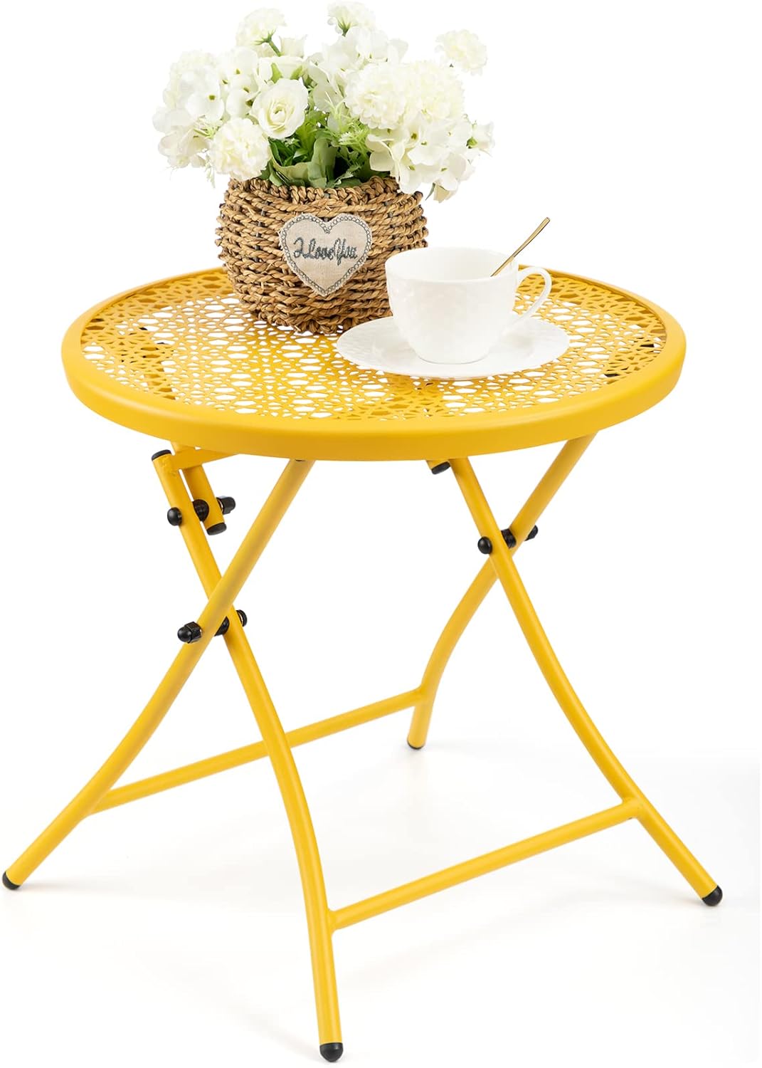 TeoKJ Folding Outdoor Side Tables, Anti Rust Small Patio Table Round Metal Nightstand with Flower Cutouts for Porch Yard Balcony Deck Lawn, Yellow