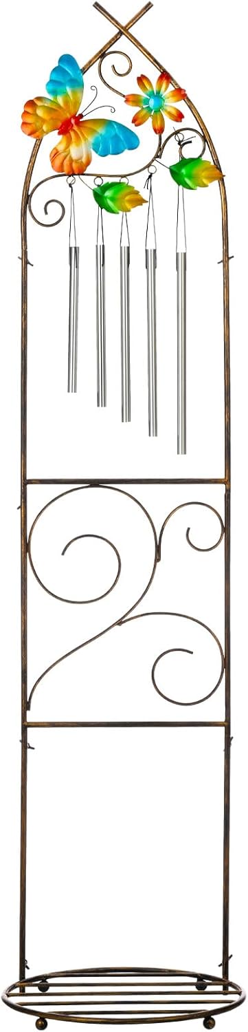 Garden Trellis with Plant Stands, 48” Metal Detachable Butterfly Plant Pot Trellis with Wind Chimes for Climbing Plants Outdoor Lawn Patio Porches Decor