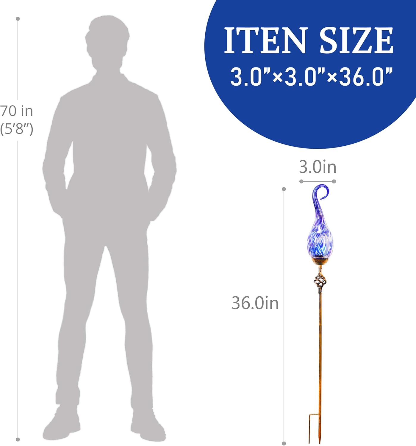 Garden Solar Lights Outdoor, Decorative LED Pearlized Glass Spiral Garden Stake with Finial, Hand Blown Glass and Metal Outdoor Decoration, 3 x 36 Inch (Dark Blue)