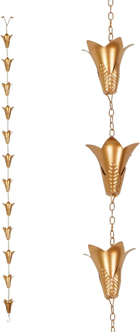 Topadorn Rain Chain Iron Gutter Chains with 12 Rain Collector Thick Iron Flower Cups Garden Decoration, 8.5 FT Rain Chain for Outdoor Ornament, Replacement for Downspout