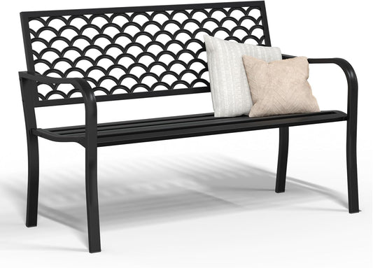 50" Heavy Duty Outdoor Bench, Wrought Iron Weatherproof Garden Bench Black Metal Patio Bench for Park Proch Yard 880lbs