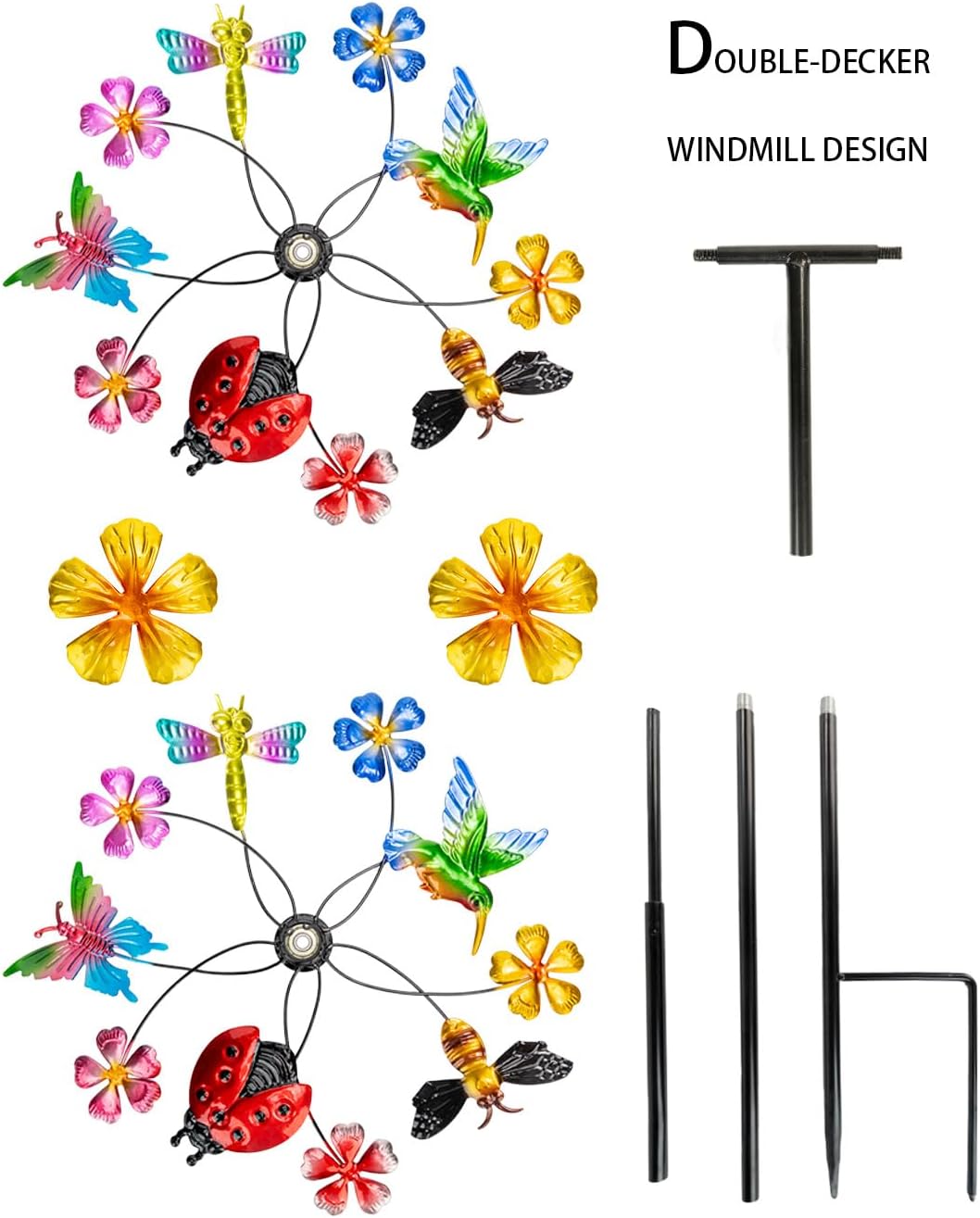Flower Wind Spinners Outdoor, Metal Windmill with Hummingbirds, Butterflies and Bees, Pinwheels for Yard and Garden