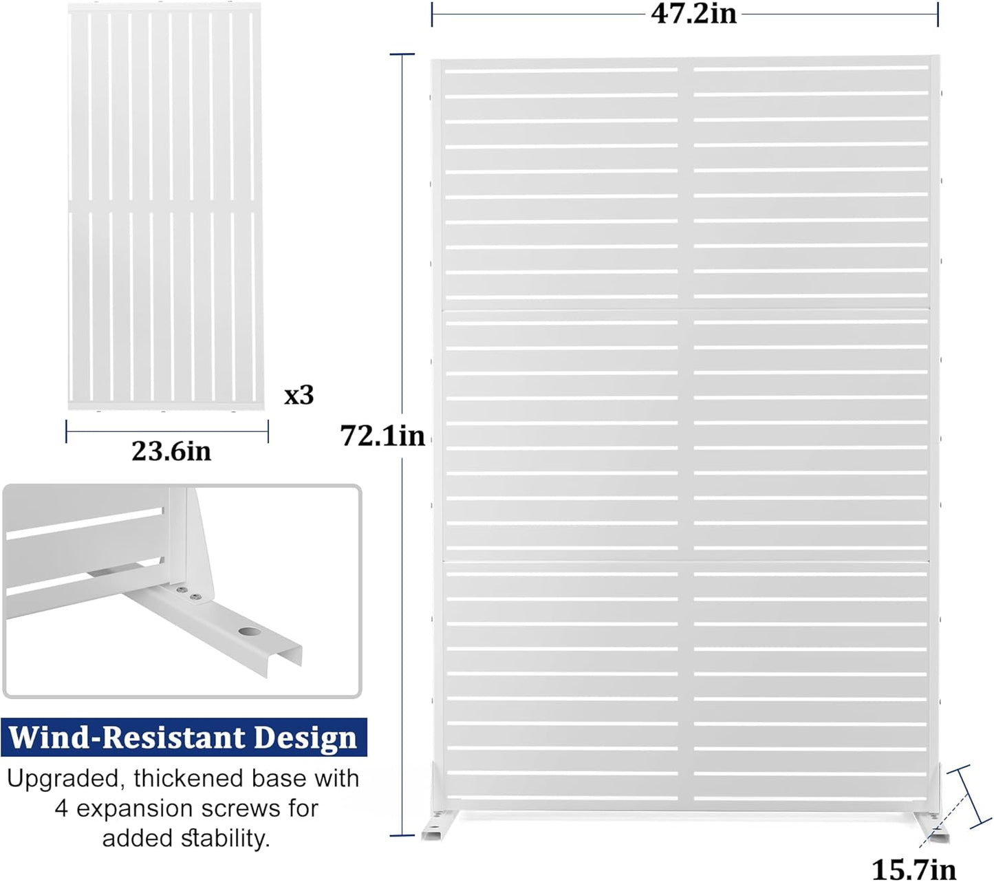 FENCY Outdoor Privacy Screen, 72" H×47" W Metal Privacy Screen, Outdoor Freestanding Privacy Screen & Panels for Deck Patio Balcony(White-Louvered)