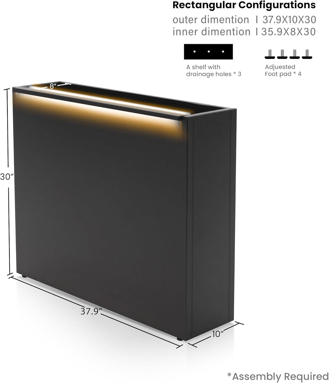 GSK Tall Light Vibe Decor 30" H×10" W×37.9" L Metal Span Planter Box LED Lighting Strips×2 Indoor Divider Rectangle Insert Tray 3 Drainage Holes Garden Plants Flower Outdoor Separation Your Space