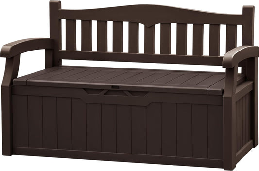 JUMMICO 80 Gallon Resin Outdoor Storage Bench, Large Deck Box with Armrest, Lockable & Waterproof for Garden, Home, Patio, Pools (Brown)