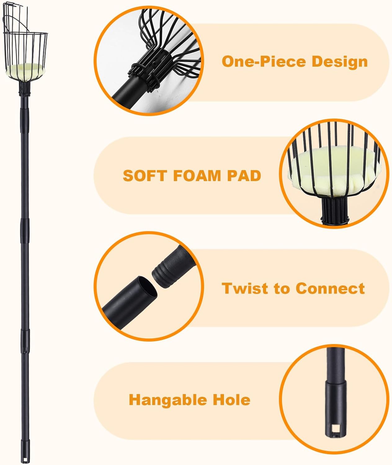 Fruit Picker Pole with Basket, 8.43FT (101 Inch) Adjustable Fruits Picker Tool with Stainless Steel Handle Fruit Grabber Reach Tool for Apple Mango Pear Avocados Fruit Picking, Black