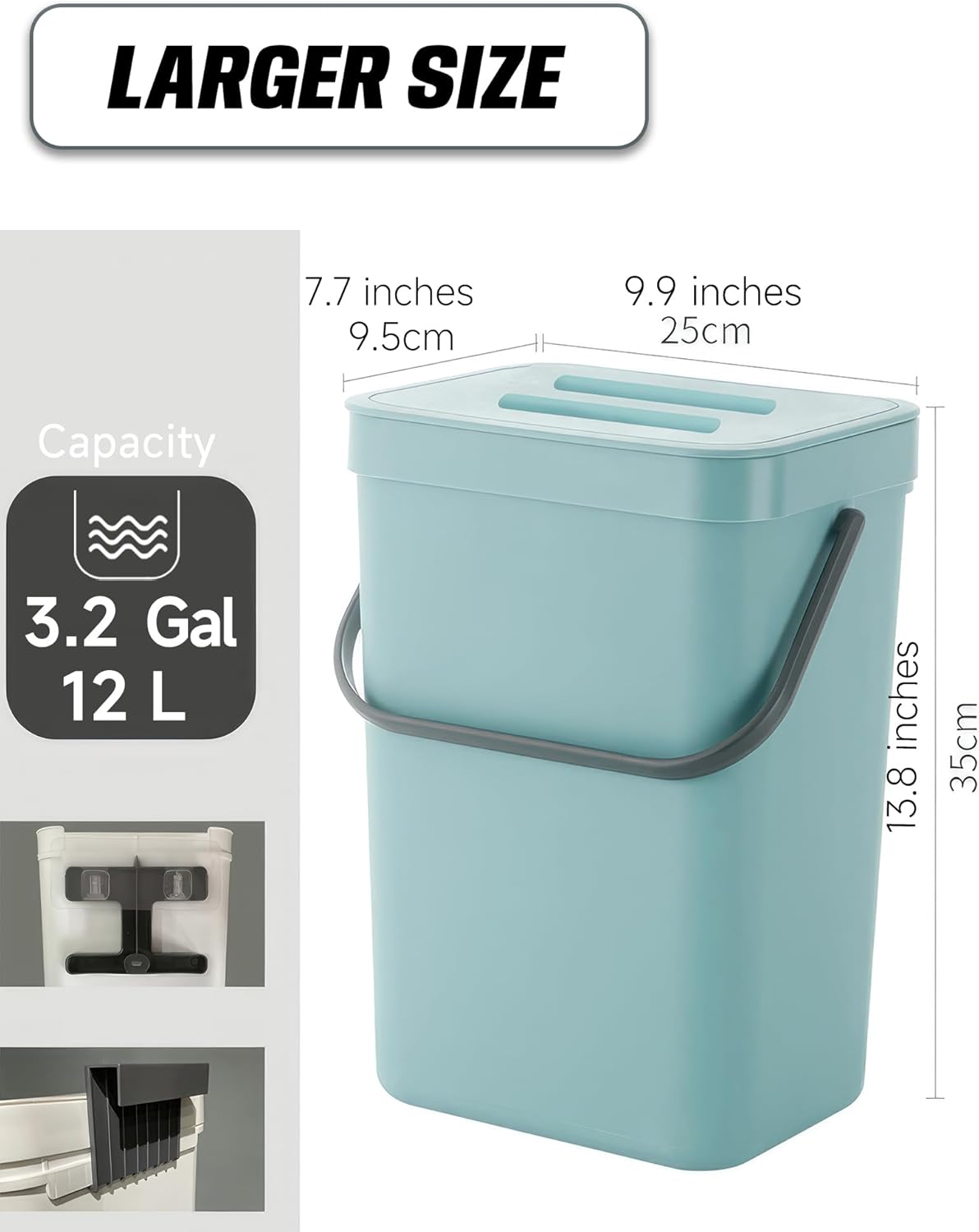 Kitchen Compost Bin - 3.2 Gallons Hanging Trash Can with Lid for Kitchen Bathroom, Under Sink Trash Can, Outdoor Compost Bucket with Lid, 12L(Subtle Blue)