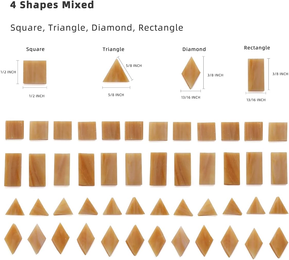 Lanyani Glass Mosaic Tiles - Mixed Colorful Tiffany Stained Glass Pieces, 200 Pieces - Square/Rectangle/Diamond/Triangle - Tan