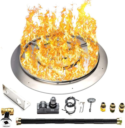 Stainless Steel Fire Pit Burner Pan & Ring Standard Kit with Spark Ignition for Natural Gas, 36-Inch Pan, 30-Inch Ring, 200,000 BTU Max