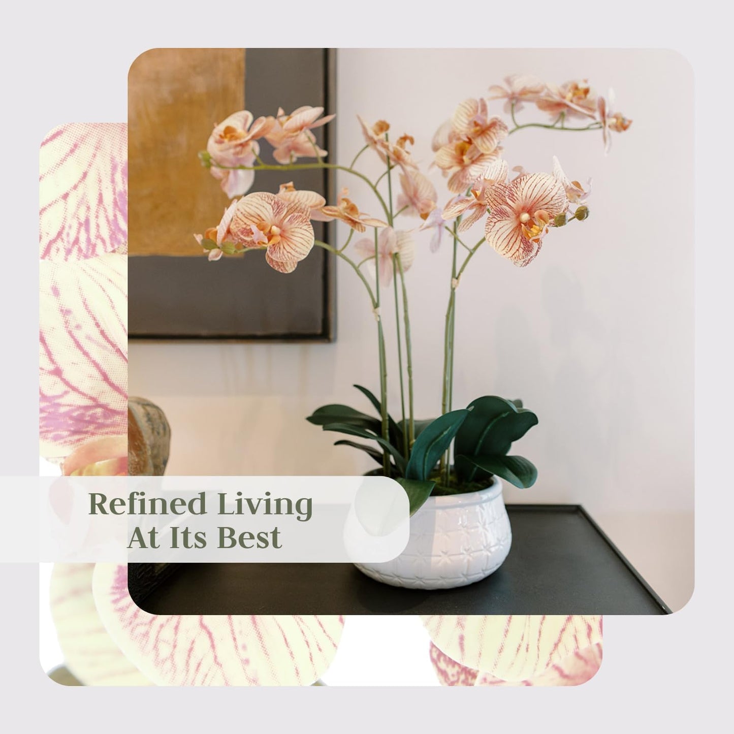 Faux Orange Orchid Plant, Premium Artificial Indoor Flower Display Stands 23”, Beautiful Sculptural Blooms That Lasts Forever, White Planter Pot Included