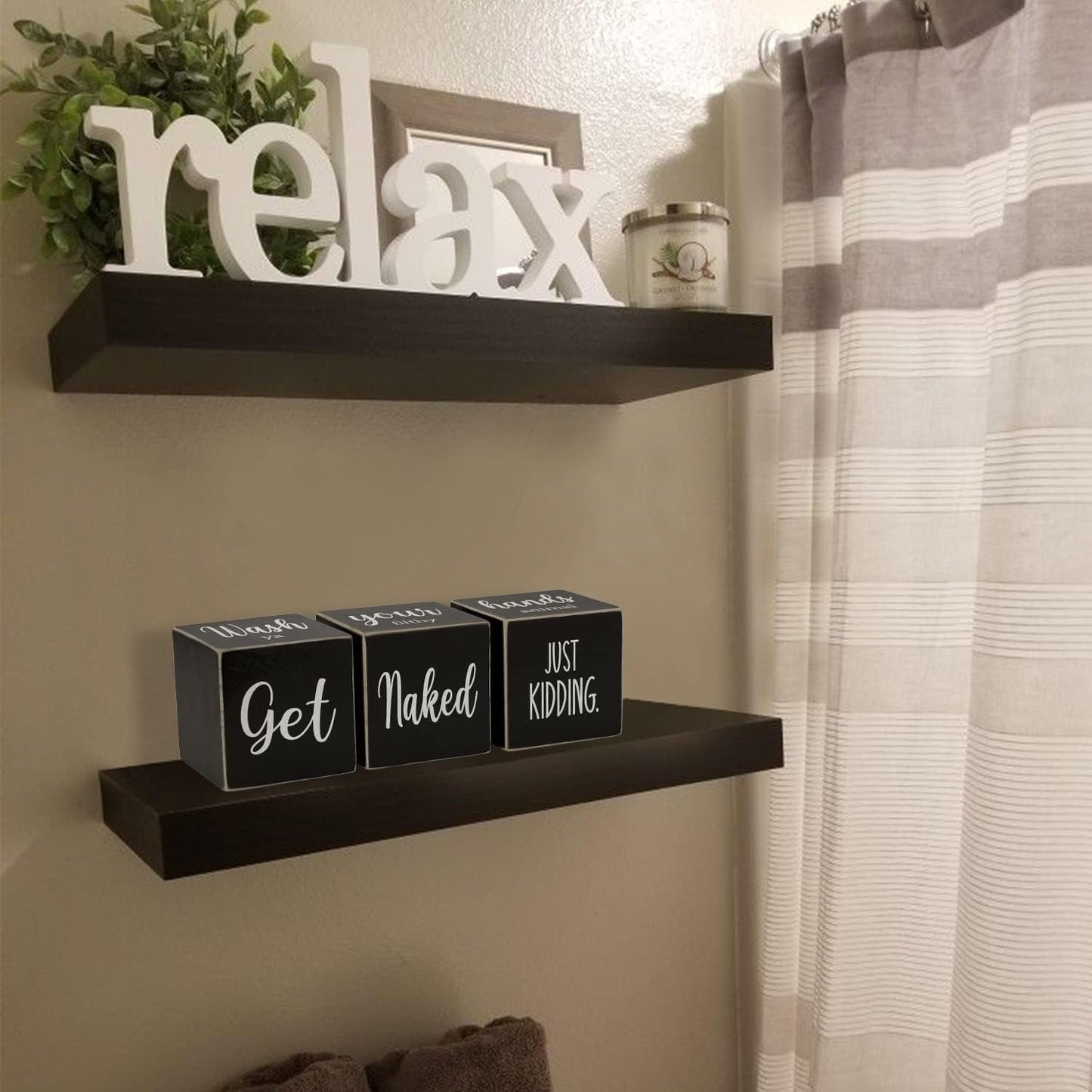 Farmhouse Black Bathroom Decor, 4-Sided Sign - Nice Butt&Get Naked&Hello Sweet Cheeks&Wash Your Hands Wooden Rustic Cute Funny Bathroom Decorations for Shelf Restroom, 2.8"