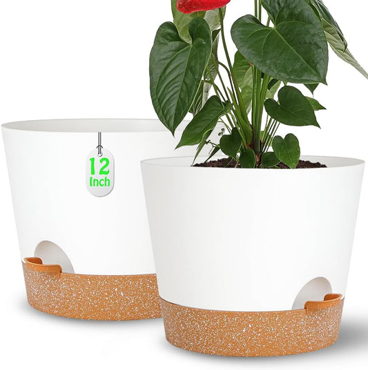 12+12Inch 2Pack Large Flower Pots for Indoor/Outdoor Plants,Self Watering Planters with Reservoir and Drainage Hole White Plastic Planting Pots Modern Home Decor Gift Idea