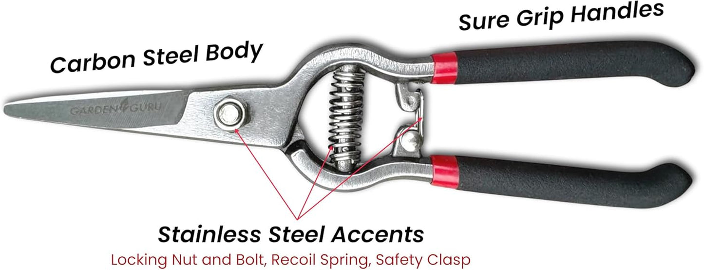 GARDEN GURU Classic Bypass Pruning Shears Clippers – Heavy Duty Forged Steel Garden Pruners – Safety Lock – Non Slip Comfort Grips – Cuts up to 1” Diameter – Professional Bypass Pruners for Gardening