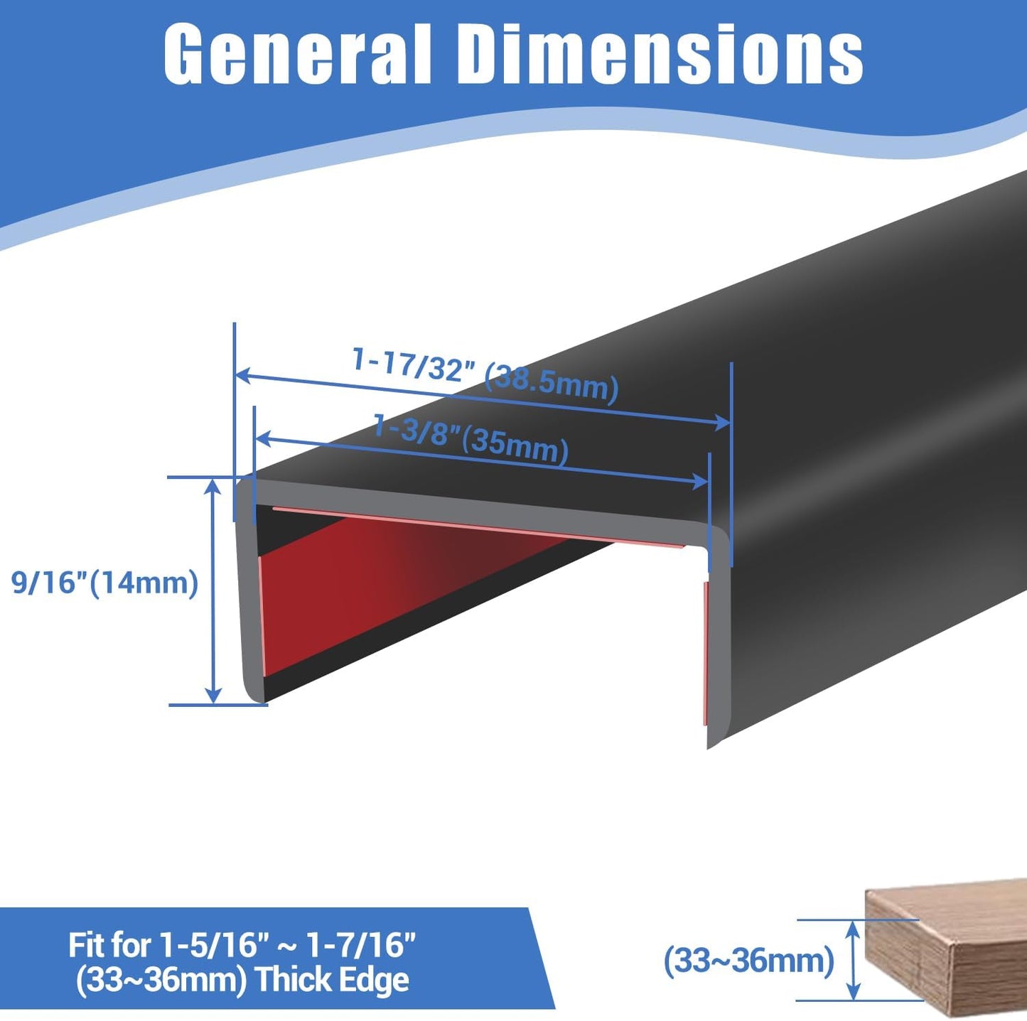 Rubber Edge Trim, Self-Adhesive U Channel Edge Protector for Interior Door Side, Woods, Flexible U Shaped Peel and Stick Edge Banding, Furniture Corner Guard, Fit 1-3/8"(35mm), 20Ft, Black