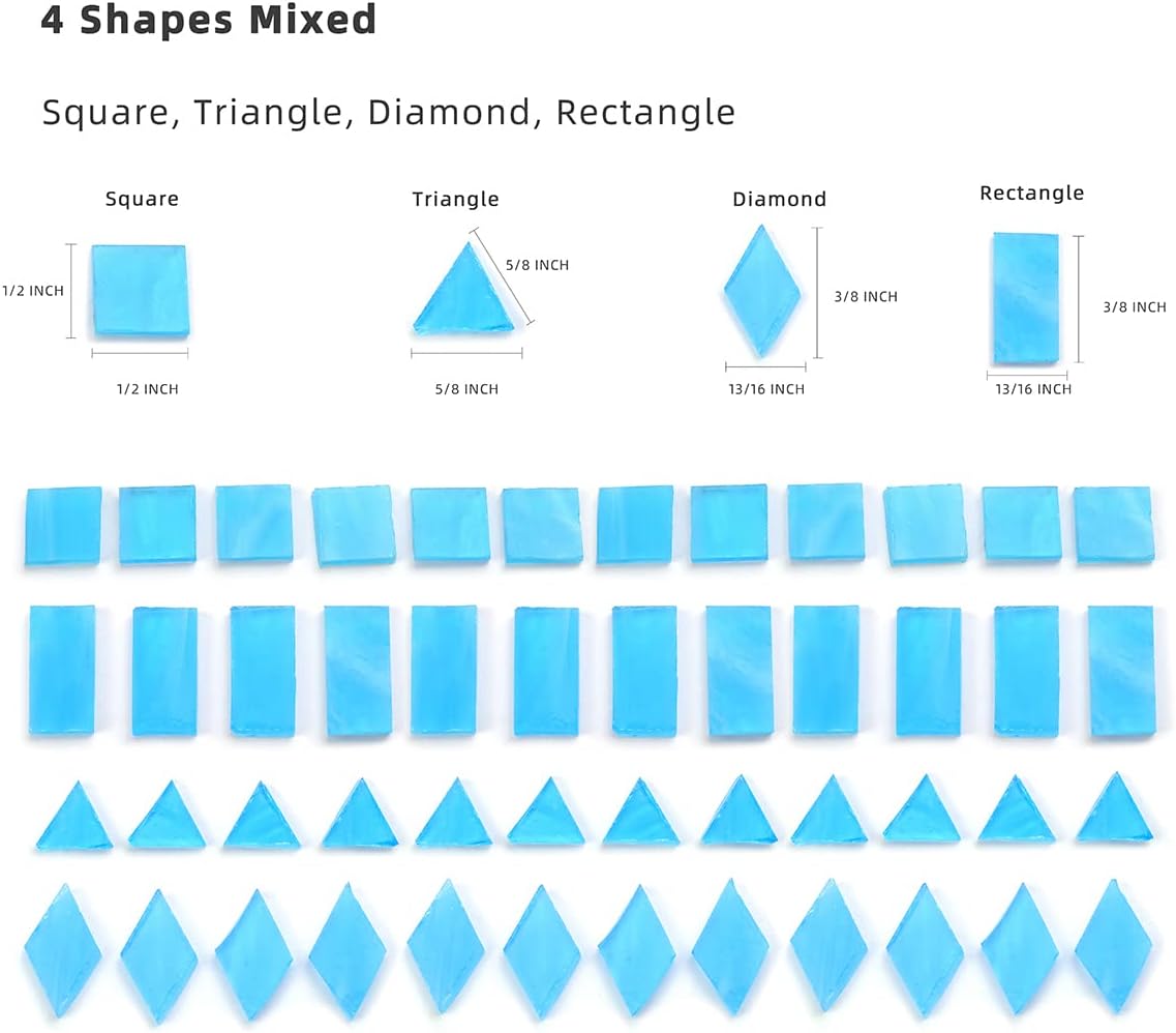 Lanyani 200 Pieces Glass Mosaic Tiles for Crafts,4 Shapes Mixed Colorful Tiffany Stained Glass Pieces,Square/Rectangle/Diamond/Triangle,Sky Blue