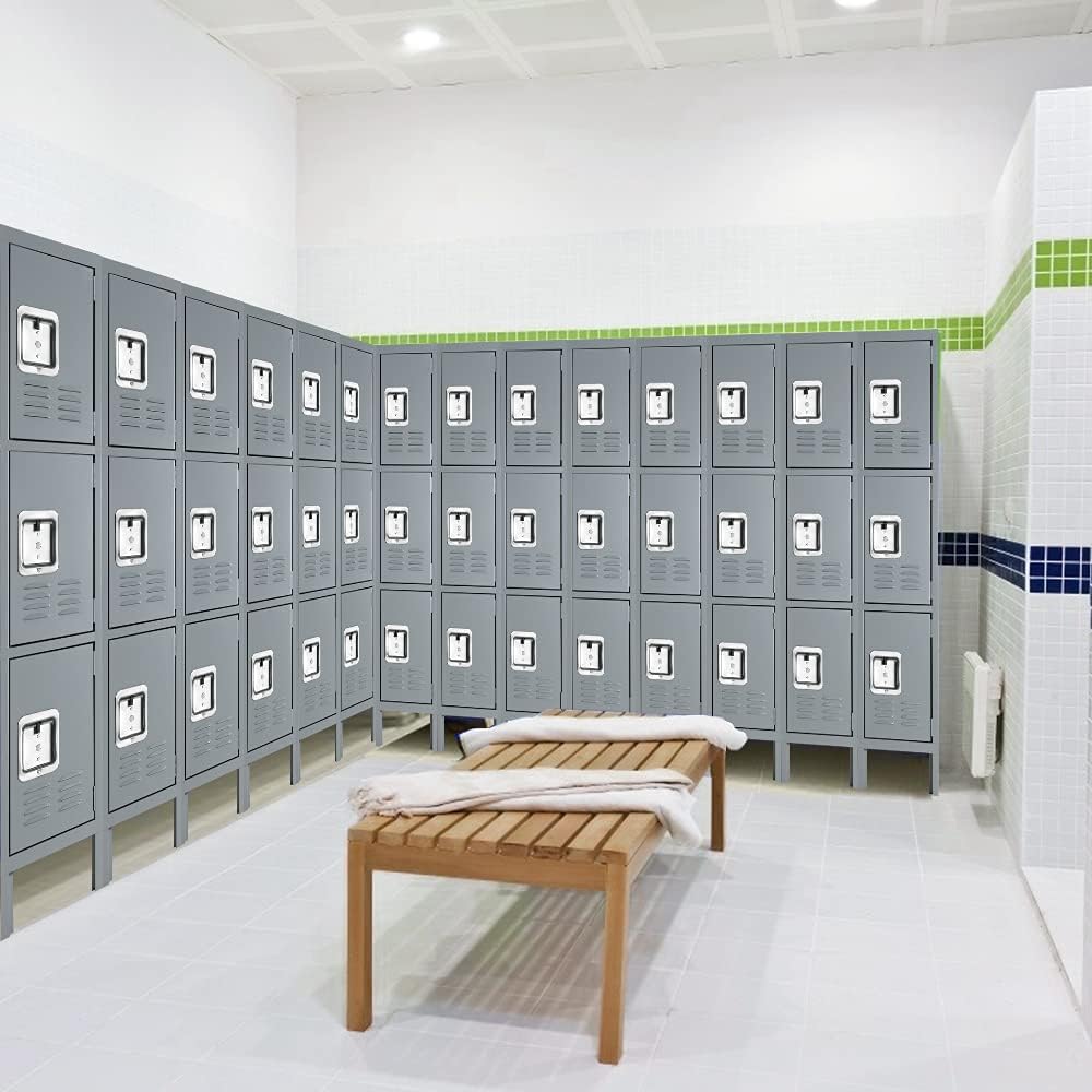 Bonusall Metal Locker for Employees, Office Storage Lockers 3-Tier Steel Lockers for School Gym Locker Compartment Home Office 3 Doors Grey