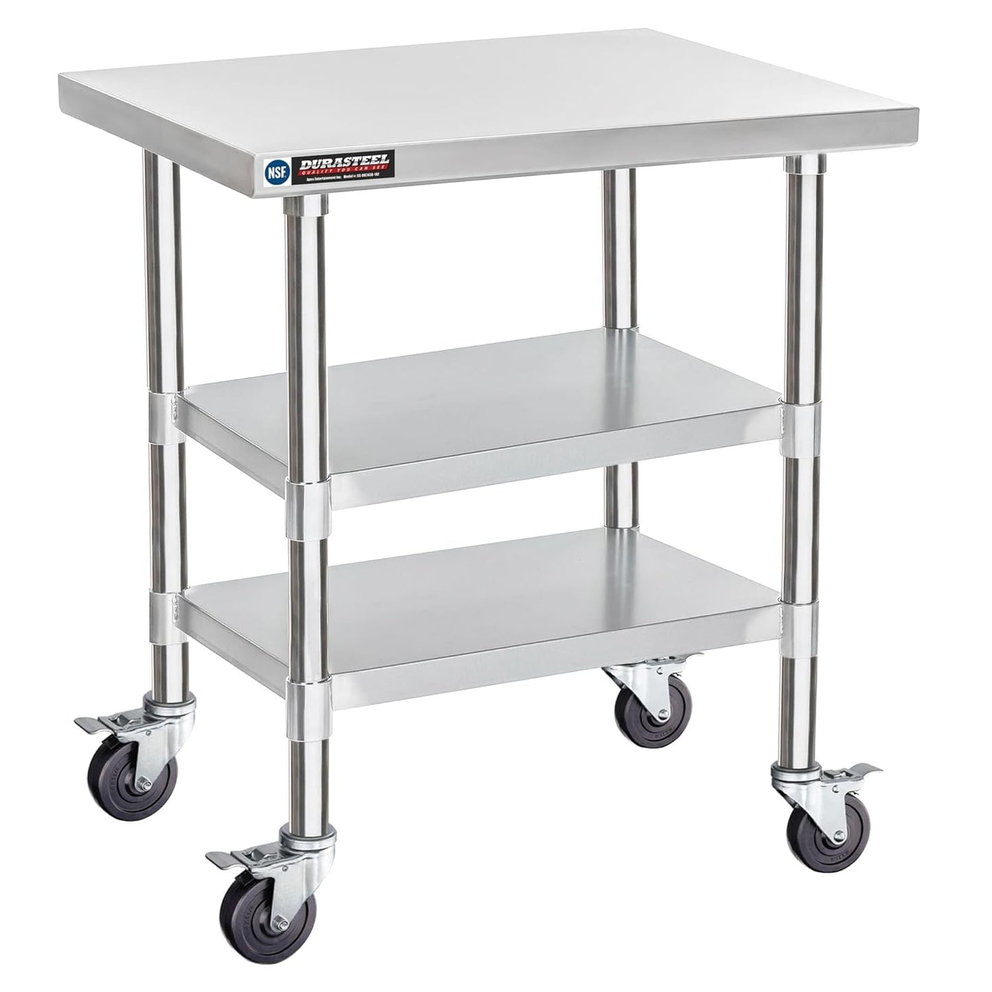 DuraSteel Stainless Steel Work Table 30" x 24" x 34" Height w/ 4 Caster Wheels - Food Prep Commercial Grade Worktable - NSF Certified - Good for Restaurant, Business, Warehouse, Home, Kitchen, Garage