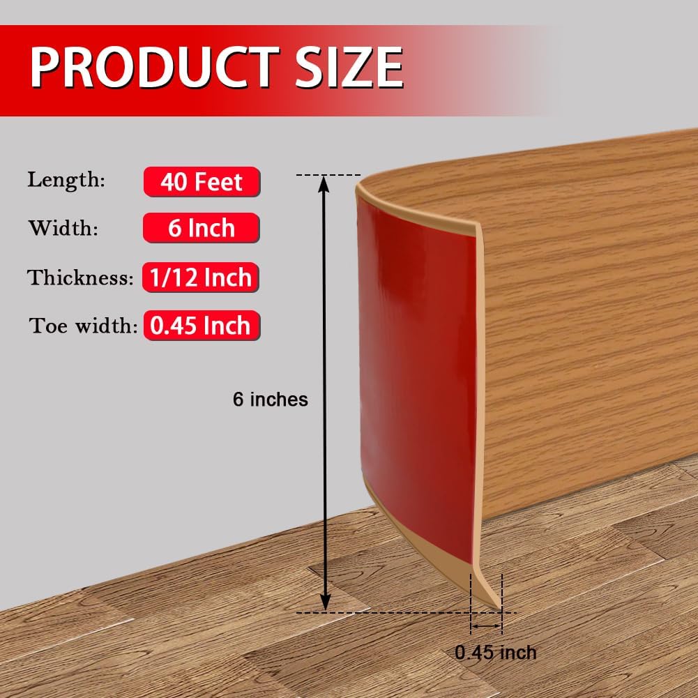 Vinyl Wall Base Baseboard Molding Trim 6" Flexible Self Adhesive Rubber Wall Base Moulding Trim Peel and Stick Design, 6 Inch x 40 Feet, Yellow Wood