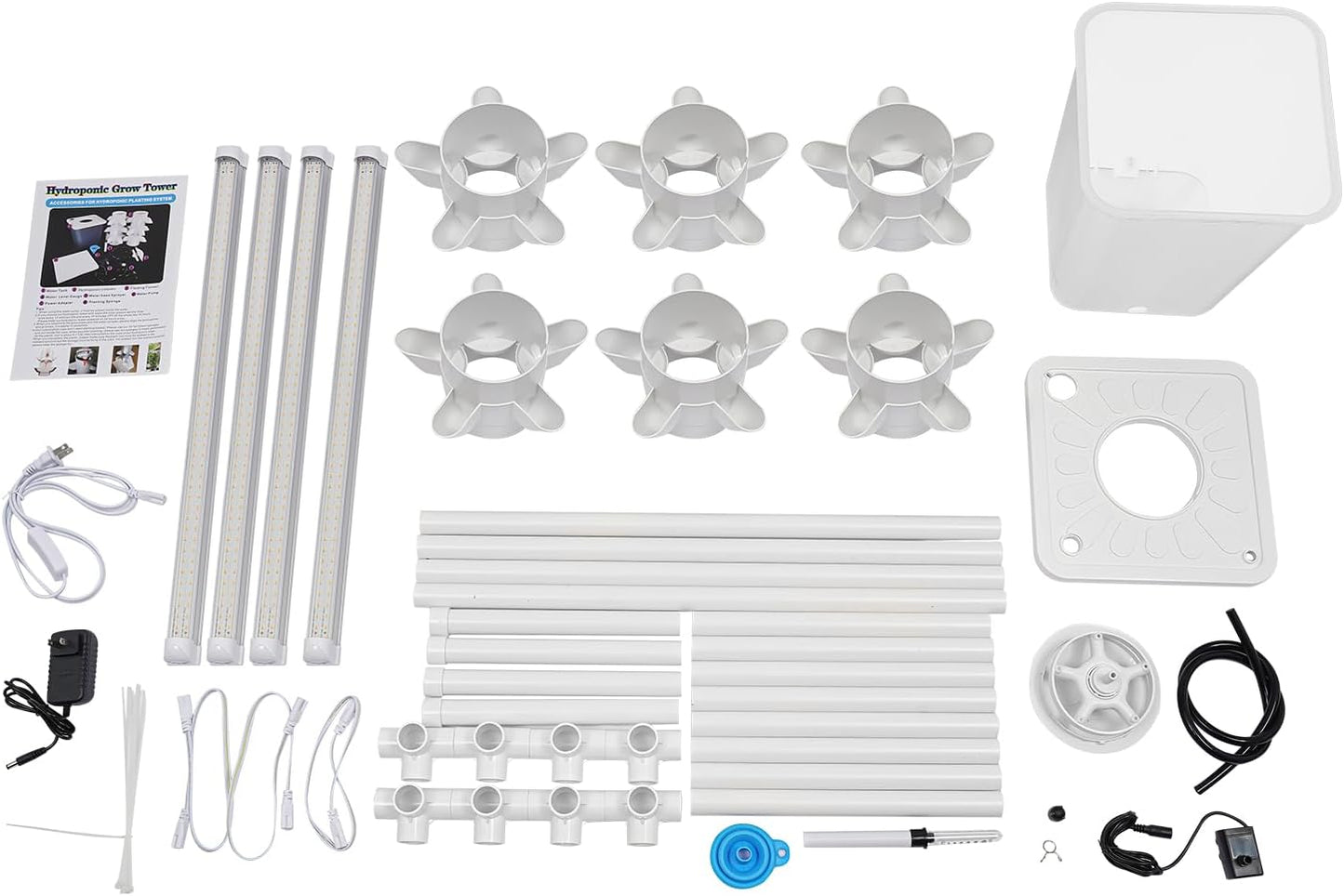 Hydroponics Tower Garden Vertical Growing System Kit, 30-Plant Indoor Gardening Planter Germination Kit with LED Grow Light & Water Pump for Herbs & Vegetables, 2.64Gal White Water Tank