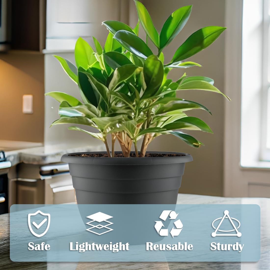 3 Pack 11 Inch Plant Pots with Drainage Hole and Plug, Durable Plastic Flower Pots for Indoor & Outdoor Plants, Elegant Mordern Plant Pots Perfect for Herbs, Flowers & Succulents, Gray