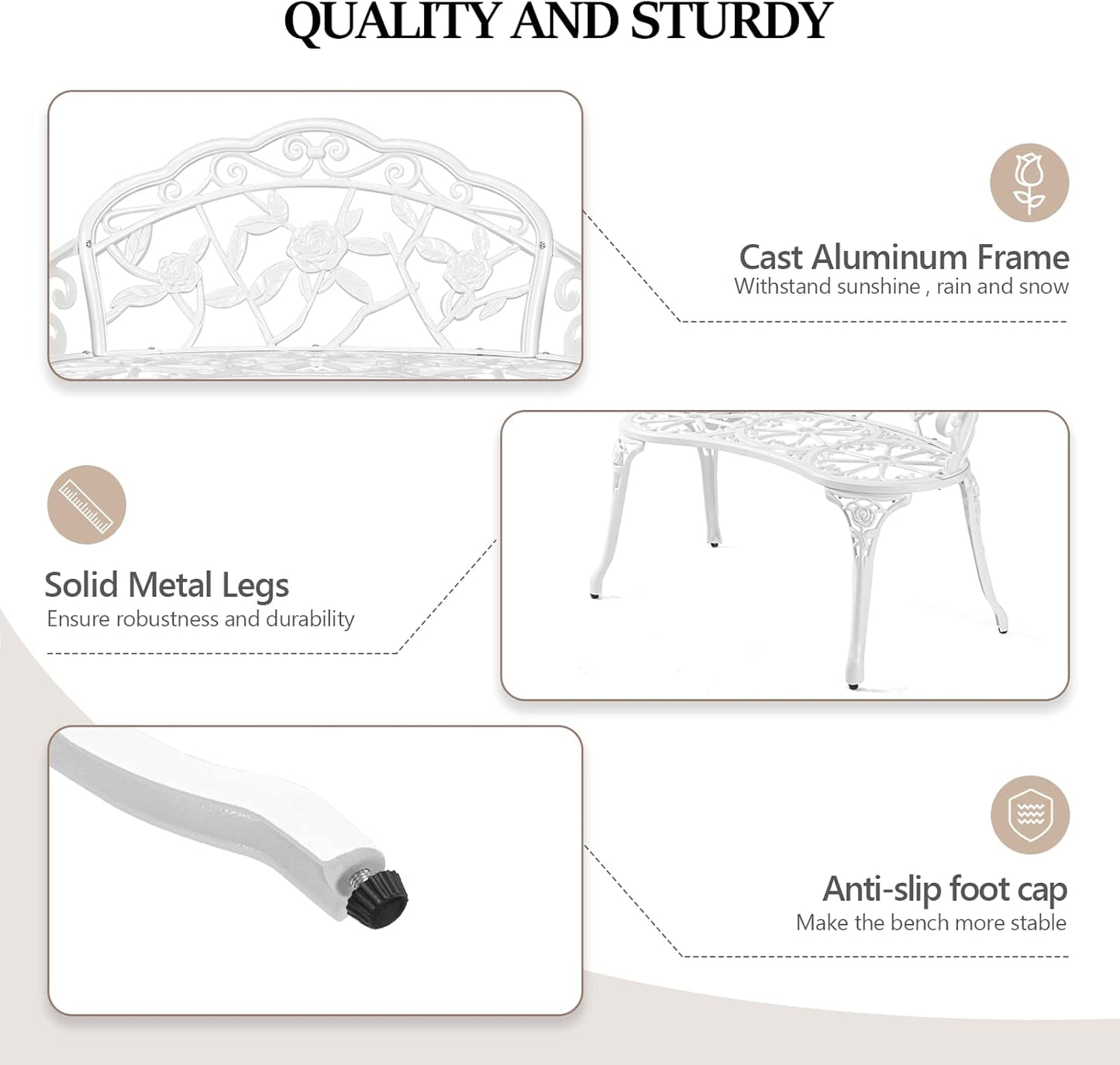 VINGLI 38.5" Patio Park Garden Outdoor Metal Rose Bench,Cast Iron Cast Aluminium Frame Antique Finish Chair,Accented Lawn Front Porch Path Yard Decor Deck Furniture for 2 Person Seat（White