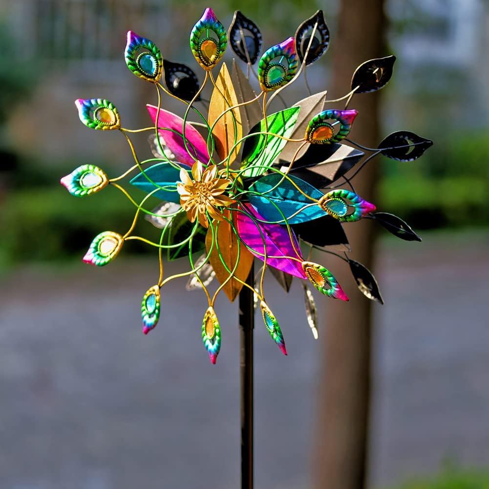 DREAMYSOUL Outdoor Kinetic Wind Spinner 360 Degree Rotate, Double-Sided Large Metal Wind Spinners for Yard and Garden, 16" Dia * 66" H Tall Wind Sculpture & Spinners